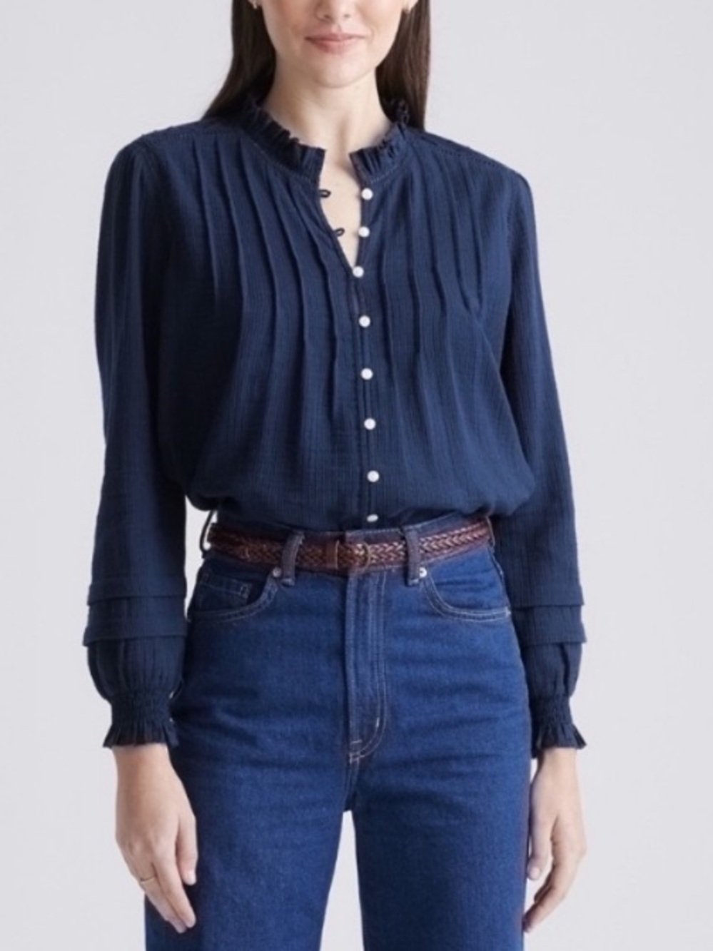 Quince Textured Cotton Peasant Blouse Navy Medium Organic Button Down Feminine